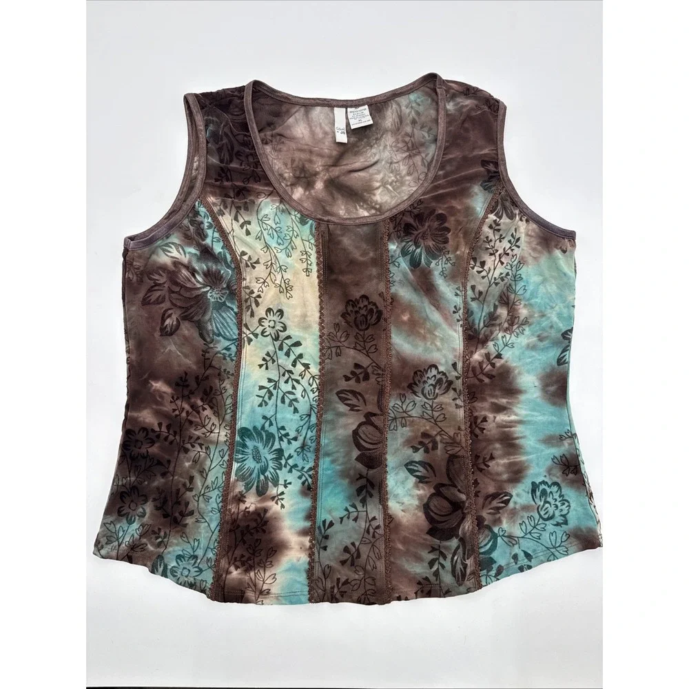 VTG Blue Brown Floral Burnout Tank Size XL Y2K Fairy Grunge Boho Hippie Festival